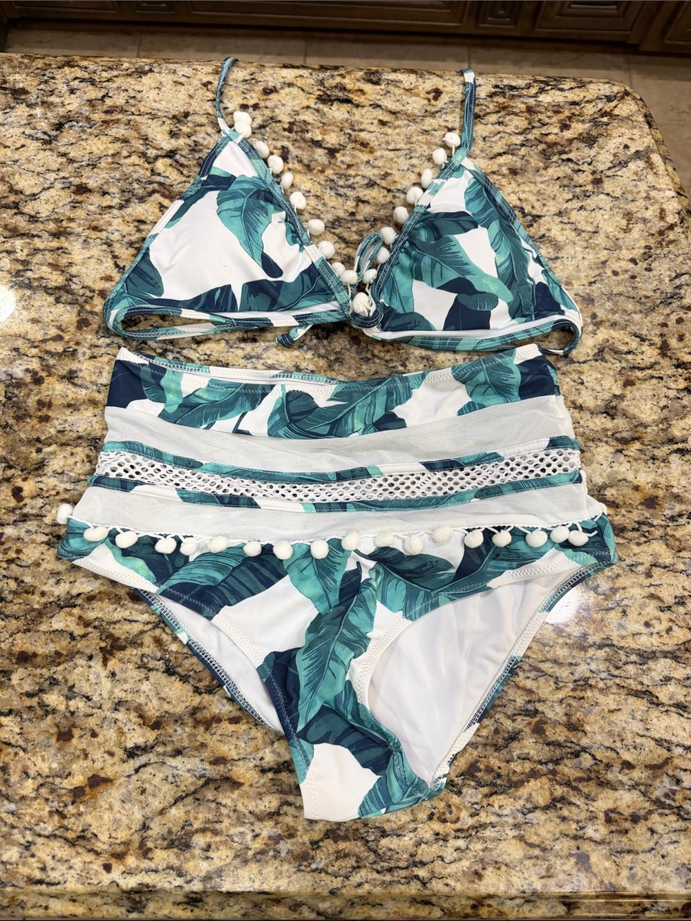 Floral Bikini with Mesh, See Through Panels and White Pom Poms